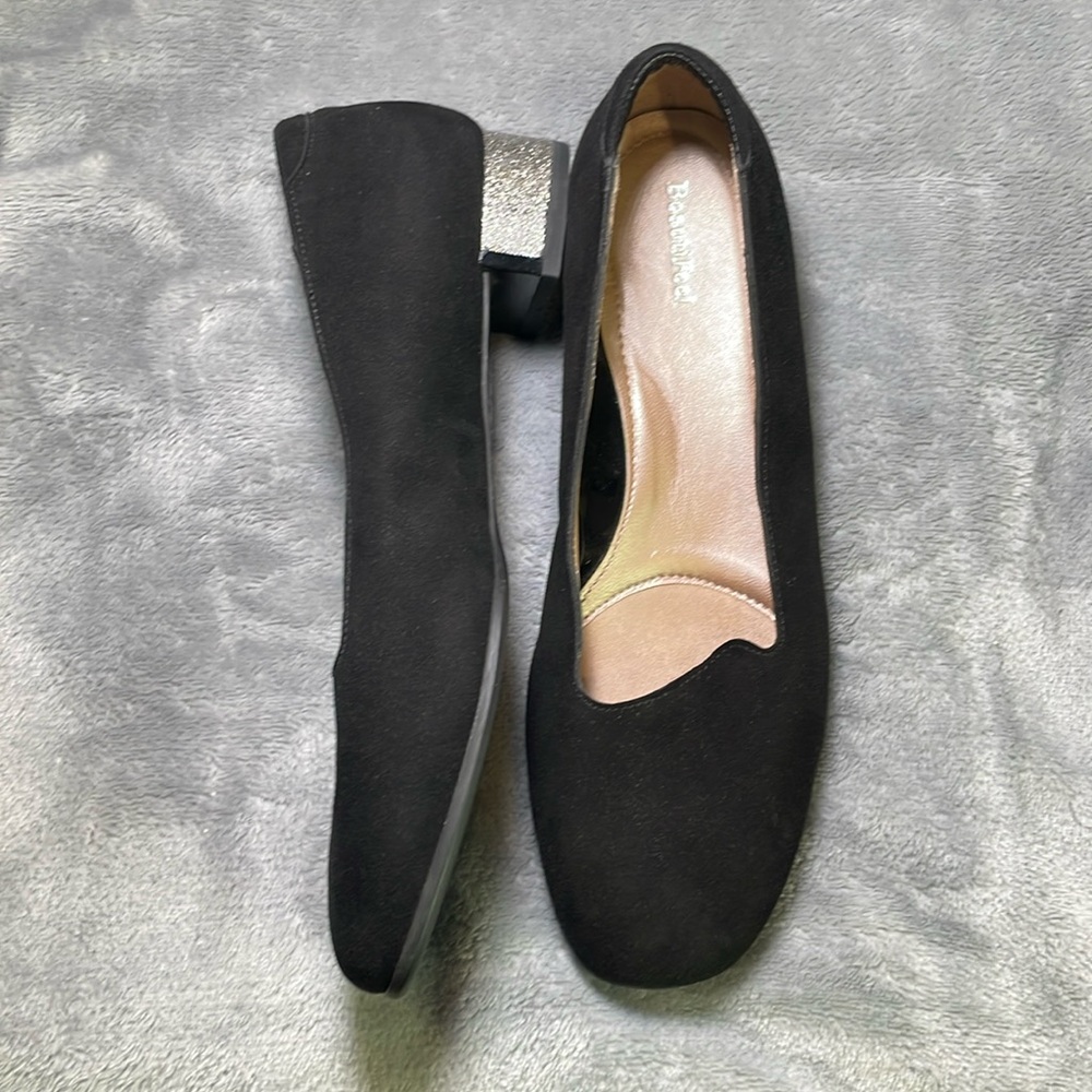 Harlon black suede comfort insole glitter crystal sparkle low heel slip on flat